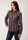 Roper Womens Long Sleeve Snap Blue Camel Brown Plaid Western Shirt With Contrast Solid Piping And Pockets - Roper