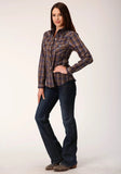 Roper Womens Long Sleeve Snap Blue Camel Brown Plaid Western Shirt With Contrast Solid Piping And Pockets - Roper