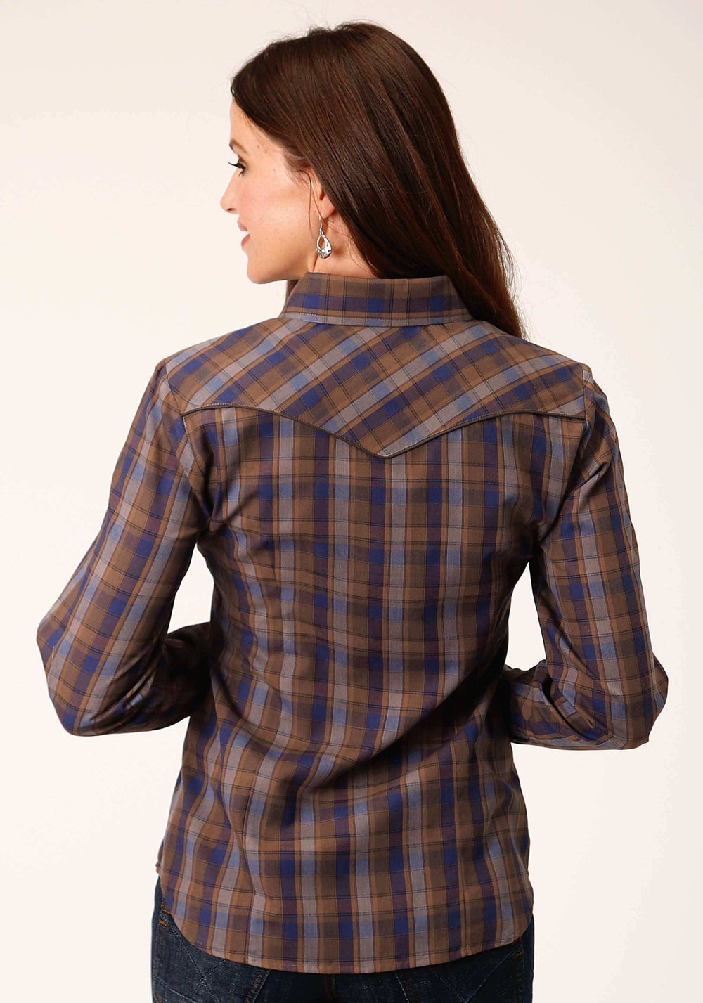 Roper Womens Long Sleeve Snap Blue Camel Brown Plaid Western Shirt With Contrast Solid Piping And Pockets - Roper - Flyclothing LLC