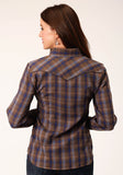 Roper Womens Long Sleeve Snap Blue Camel Brown Plaid Western Shirt With Contrast Solid Piping And Pockets - Roper