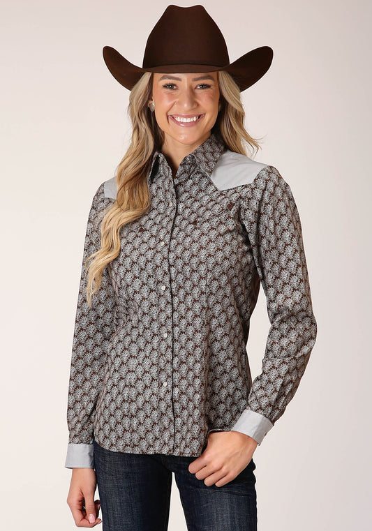 Roper Womens Long Sleeve Snap Chocolate And Cream Teardrop Print Western Shirt - Roper