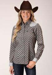 Roper Womens Long Sleeve Snap Chocolate And Cream Teardrop Print Western Shirt - Roper