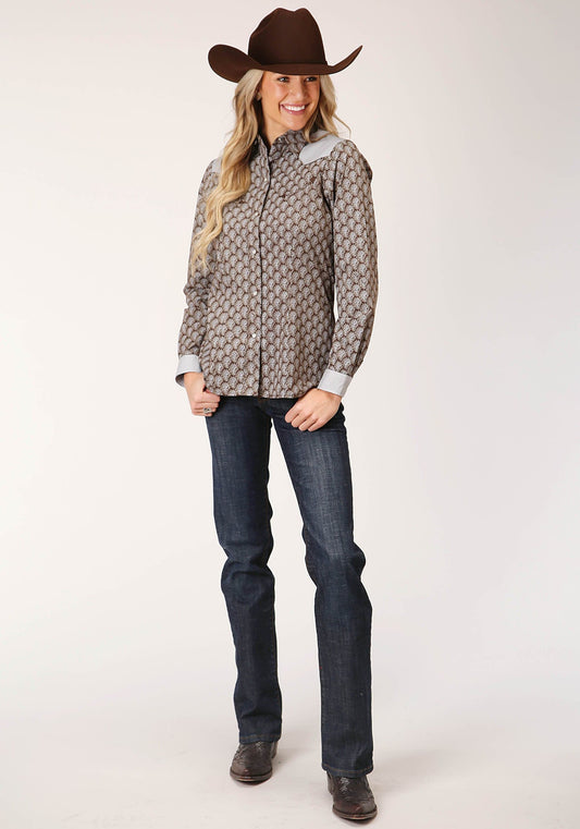 Roper Womens Long Sleeve Snap Chocolate And Cream Teardrop Print Western Shirt - Roper