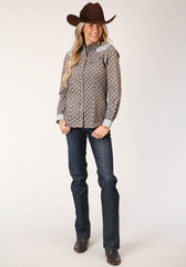 Roper Womens Long Sleeve Snap Chocolate And Cream Teardrop Print Western Shirt - Roper
