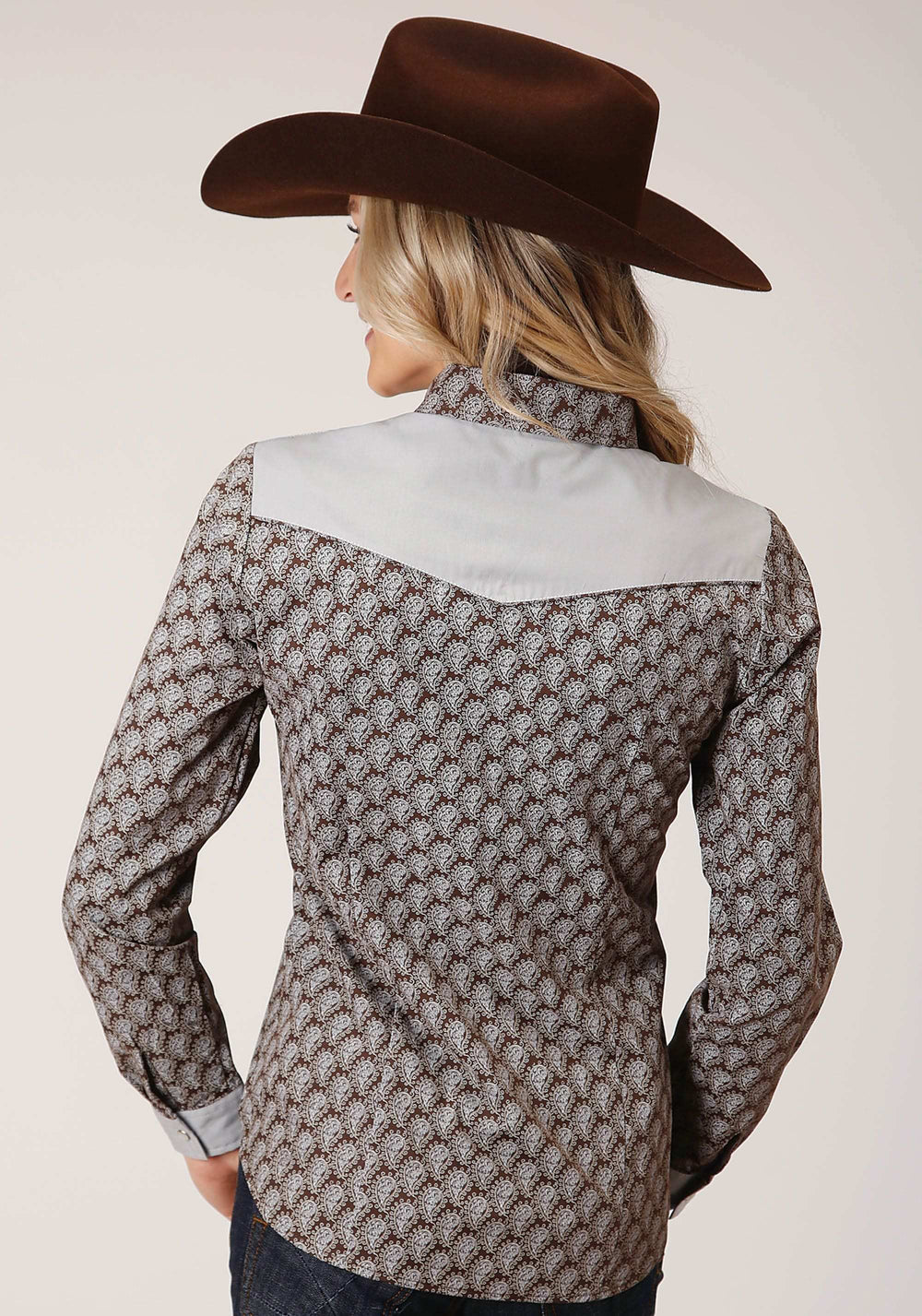 Roper Womens Long Sleeve Snap Chocolate And Cream Teardrop Print Western Shirt - Roper - Flyclothing LLC