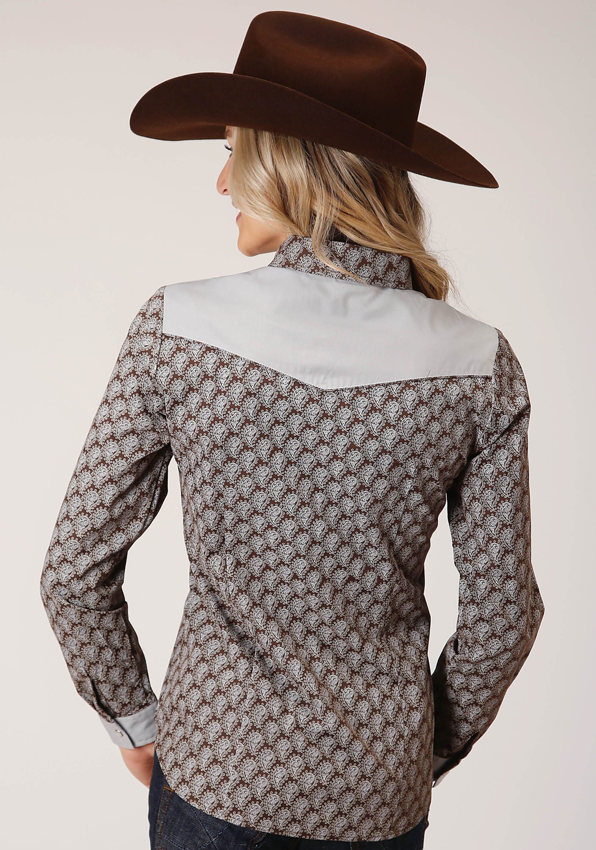 Roper Womens Long Sleeve Snap Chocolate And Cream Teardrop Print Western Shirt - Roper