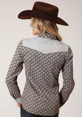 Roper Womens Long Sleeve Snap Chocolate And Cream Teardrop Print Western Shirt - Roper