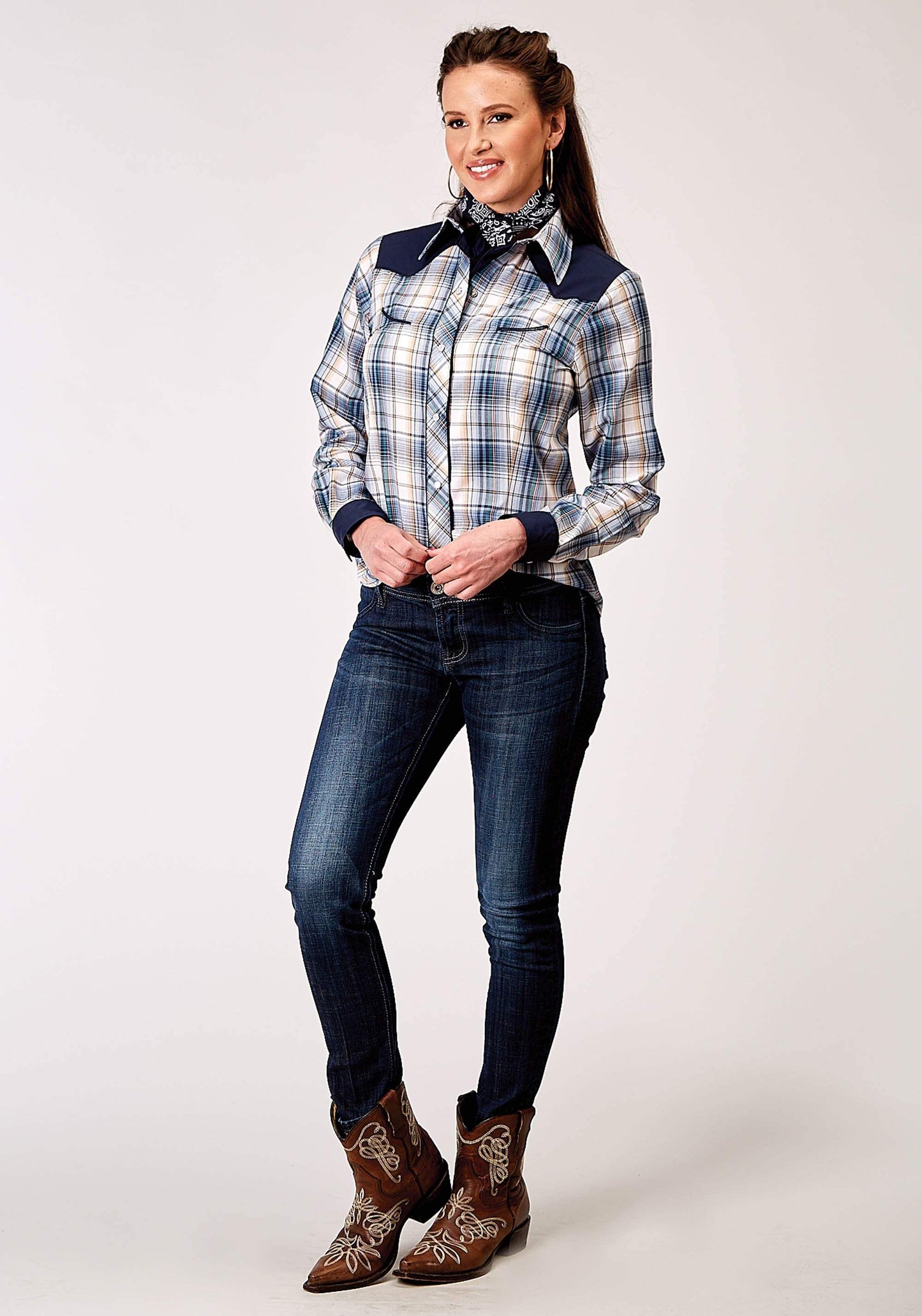 Roper Womens Long Sleeve Snap Madris Plaid Plaid Western Shirt With Piping Solid Yokes Smile Pockets - Roper - Flyclothing LLC