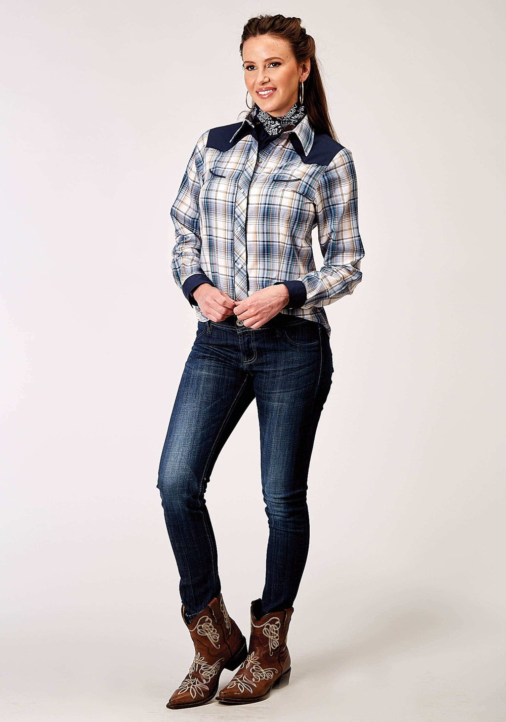 Roper Womens Long Sleeve Snap Madris Plaid Plaid Western Shirt With Piping Solid Yokes Smile Pockets - Roper - Flyclothing LLC