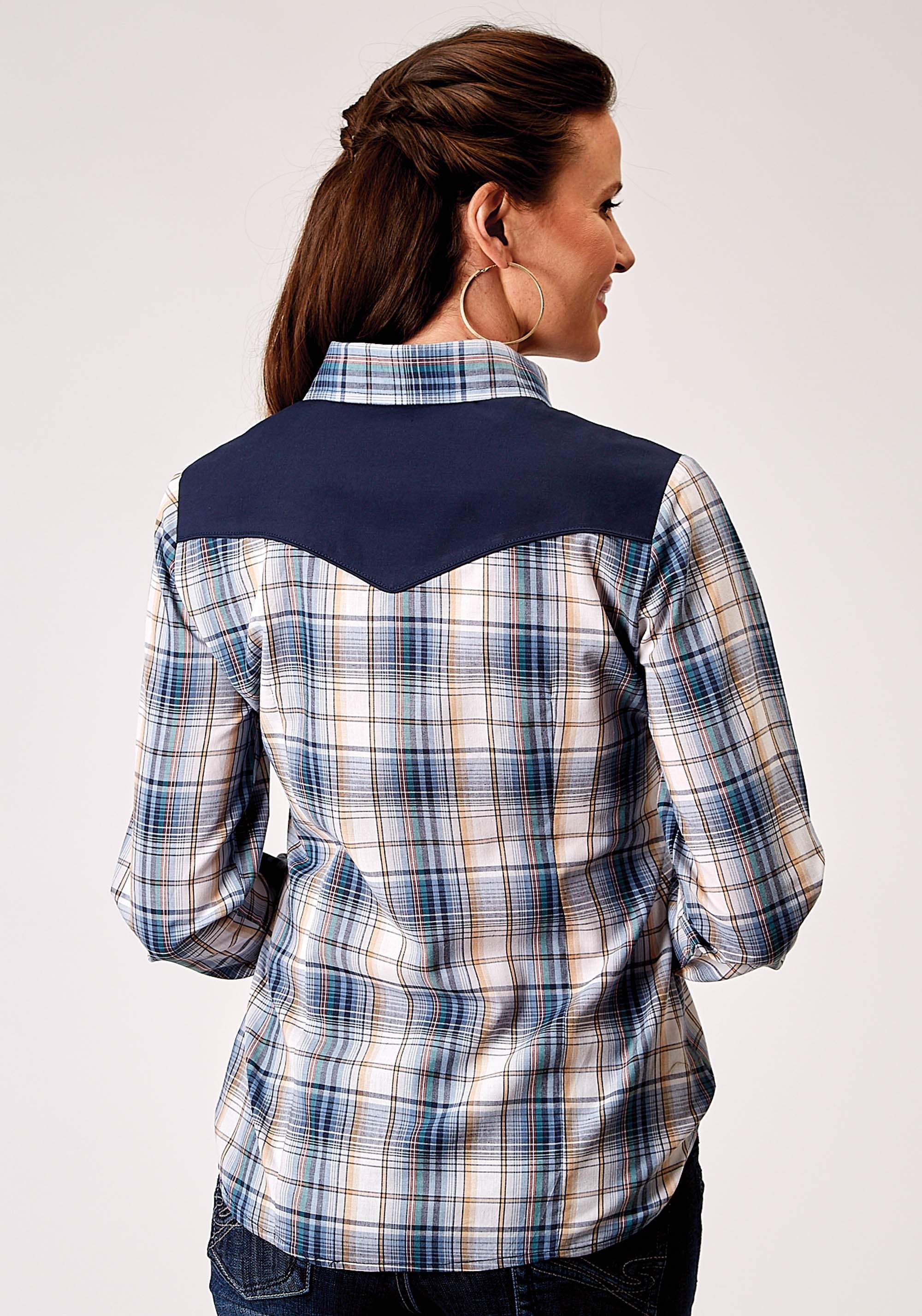 Roper Womens Long Sleeve Snap Madris Plaid Plaid Western Shirt With Piping Solid Yokes Smile Pockets - Roper - Flyclothing LLC