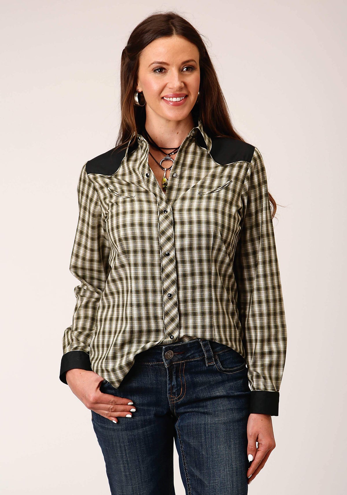 Roper Womens Long Sleeve Snap Olive Black Cream Windowpane Plaid Weste ...
