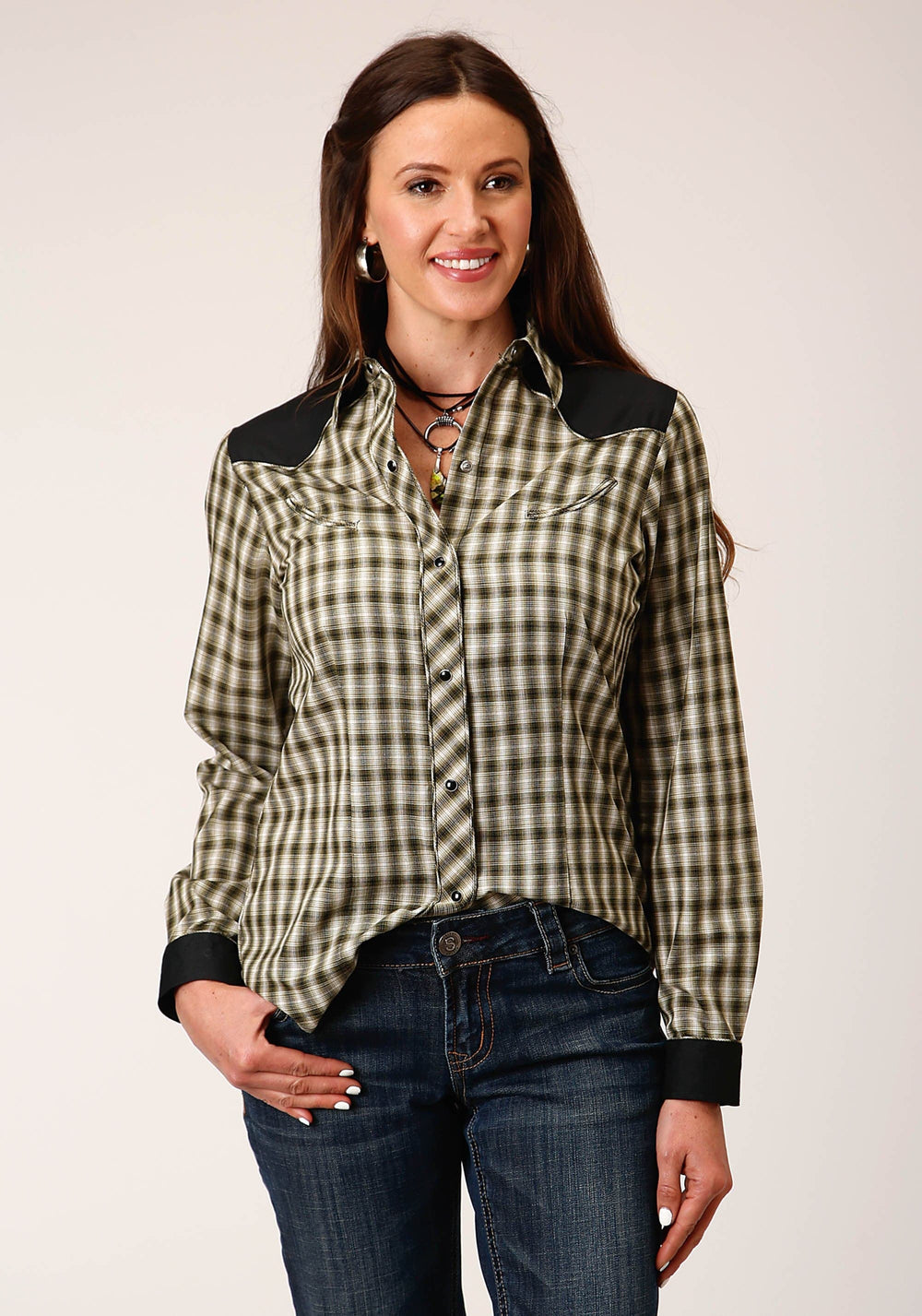 Roper Womens Long Sleeve Snap Olive Black Cream Windowpane Plaid Western Shirt With Piping Contrast Yokes And Smile Pckts - Roper
