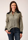 Roper Womens Long Sleeve Snap Olive Black Cream Windowpane Plaid Western Shirt With Piping Contrast Yokes And Smile Pckts - Roper
