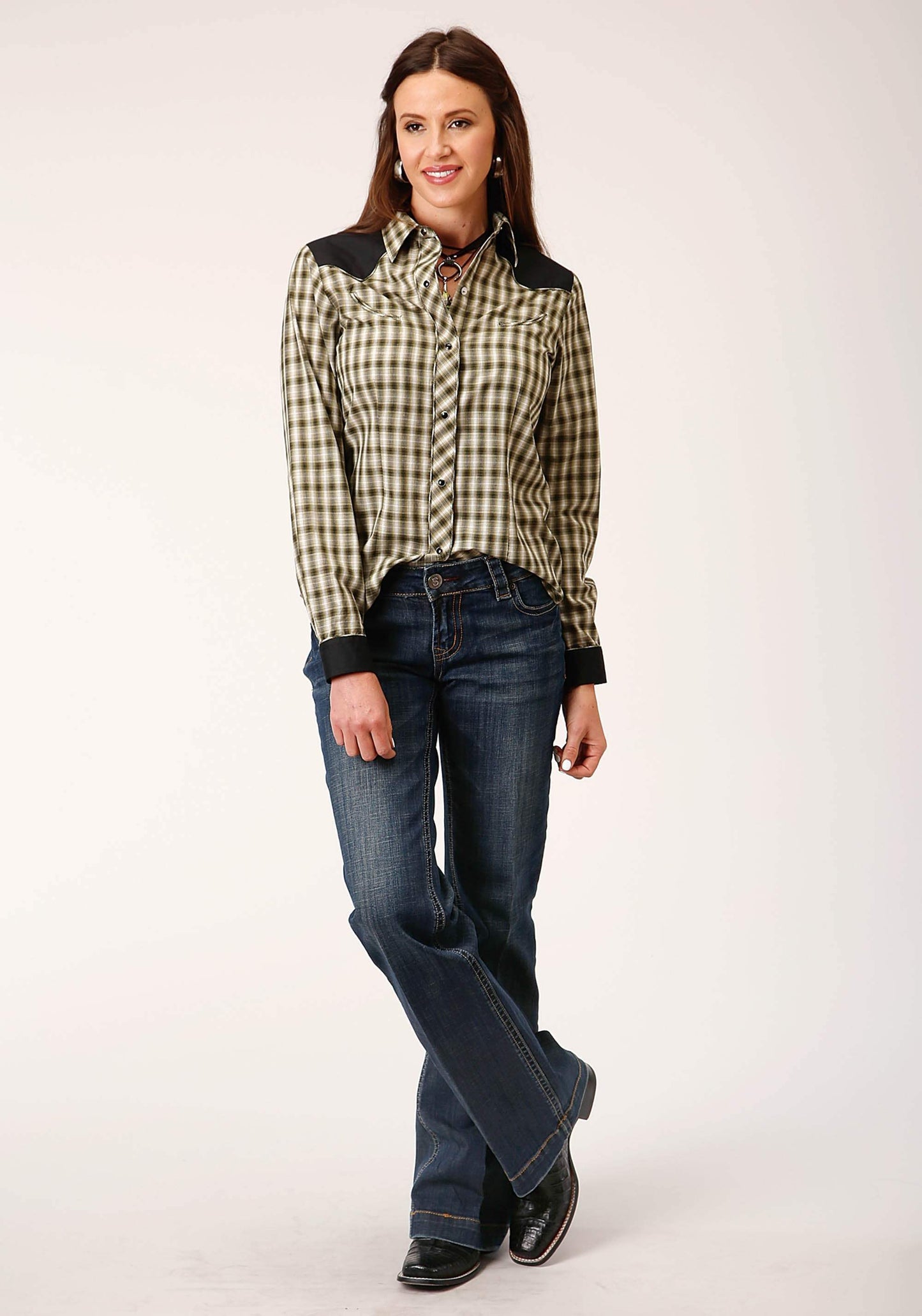 Roper Womens Long Sleeve Snap Olive Black Cream Windowpane Plaid Western Shirt With Piping Contrast Yokes And Smile Pckts - Roper - Flyclothing LLC