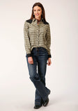 Roper Womens Long Sleeve Snap Olive Black Cream Windowpane Plaid Western Shirt With Piping Contrast Yokes And Smile Pckts - Roper