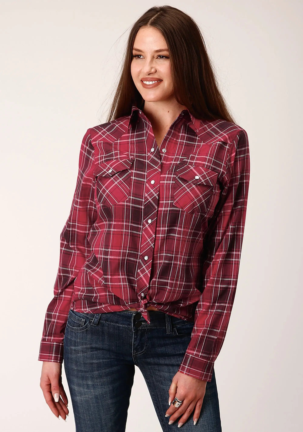 Roper Womens Long Sleeve Snap Bright Red Plaid Western Shirt - Roper