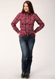 Roper Womens Long Sleeve Snap Bright Red Plaid Western Shirt - Roper