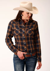 Roper Womens Long Sleeve Snap Navy And Brown Pliad Western Shirt - Roper