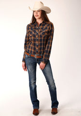 Roper Womens Long Sleeve Snap Navy And Brown Pliad Western Shirt - Roper