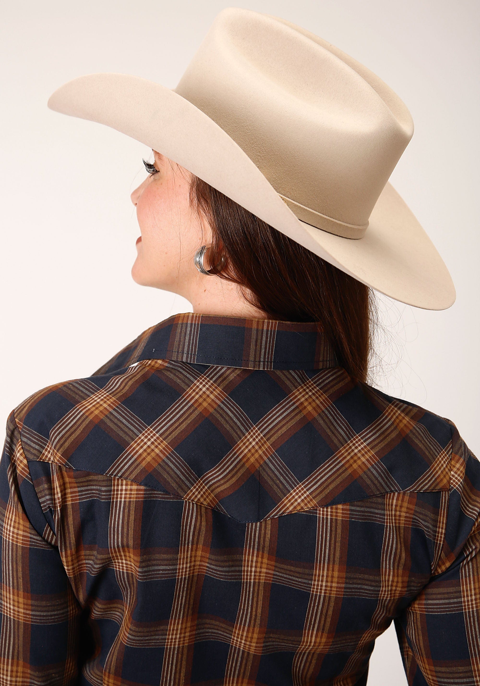 Roper Womens Long Sleeve Snap Navy And Brown Pliad Western Shirt - Roper