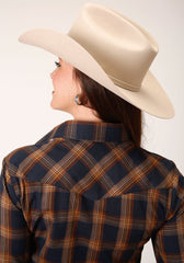 Roper Womens Long Sleeve Snap Navy And Brown Pliad Western Shirt - Roper
