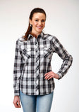 Roper Womens Long Sleeve Snap Black Aqua Grey Plaid Western Shirt - Roper