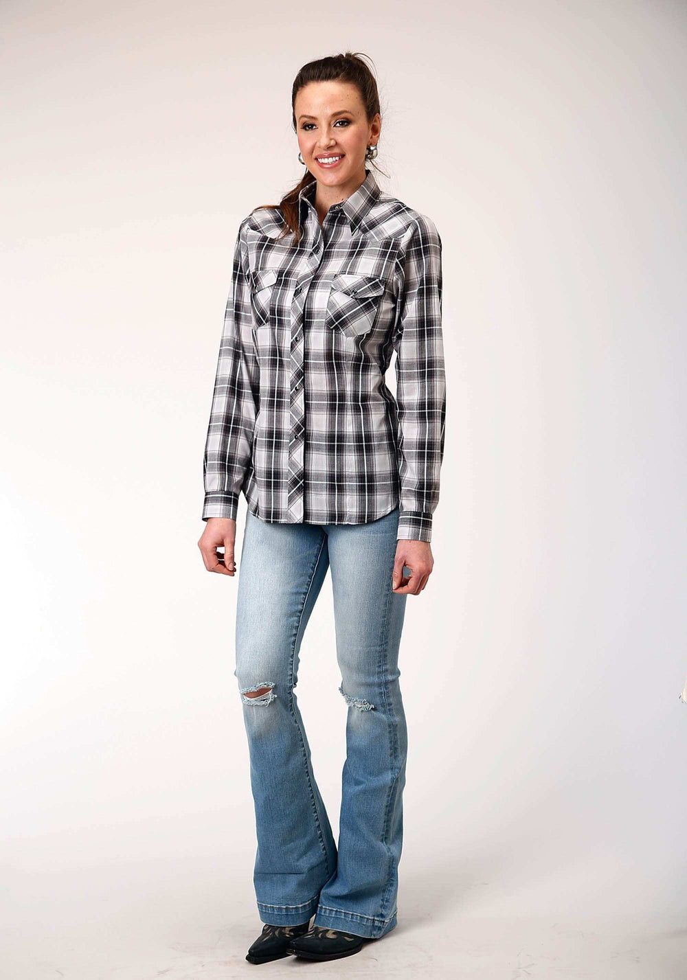 Roper Womens Long Sleeve Snap Black Aqua Grey Plaid Western Shirt - Roper - Flyclothing LLC