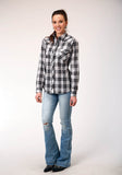 Roper Womens Long Sleeve Snap Black Aqua Grey Plaid Western Shirt - Roper