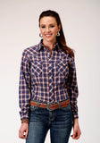 Roper Womens Long Sleeve Snap Navy Red Cream Windowpane Plaid Western Shirt - Roper