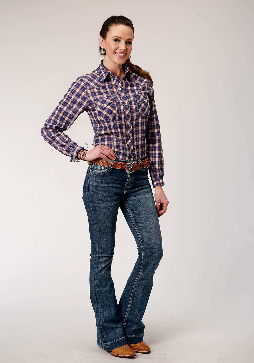 Roper Womens Long Sleeve Snap Navy Red Cream Windowpane Plaid Western Shirt - Roper - Flyclothing LLC