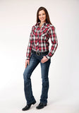 Roper Womens Long Sleeve Snap Red Black Grey Plaid Western Shirt - Roper