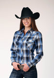Roper Womens Long Sleeve Snap Blue Black White Plaid Western Shirt - Roper