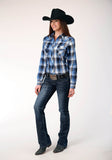 Roper Womens Long Sleeve Snap Blue Black White Plaid Western Shirt - Roper