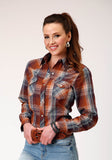 Roper Womens Long Sleeve Snap Brown Navy Cream Plaid Western Shirt - Roper