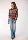 Roper Womens Long Sleeve Snap Brown Navy Cream Plaid Western Shirt - Roper