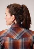 Roper Womens Long Sleeve Snap Brown Navy Cream Plaid Western Shirt - Roper