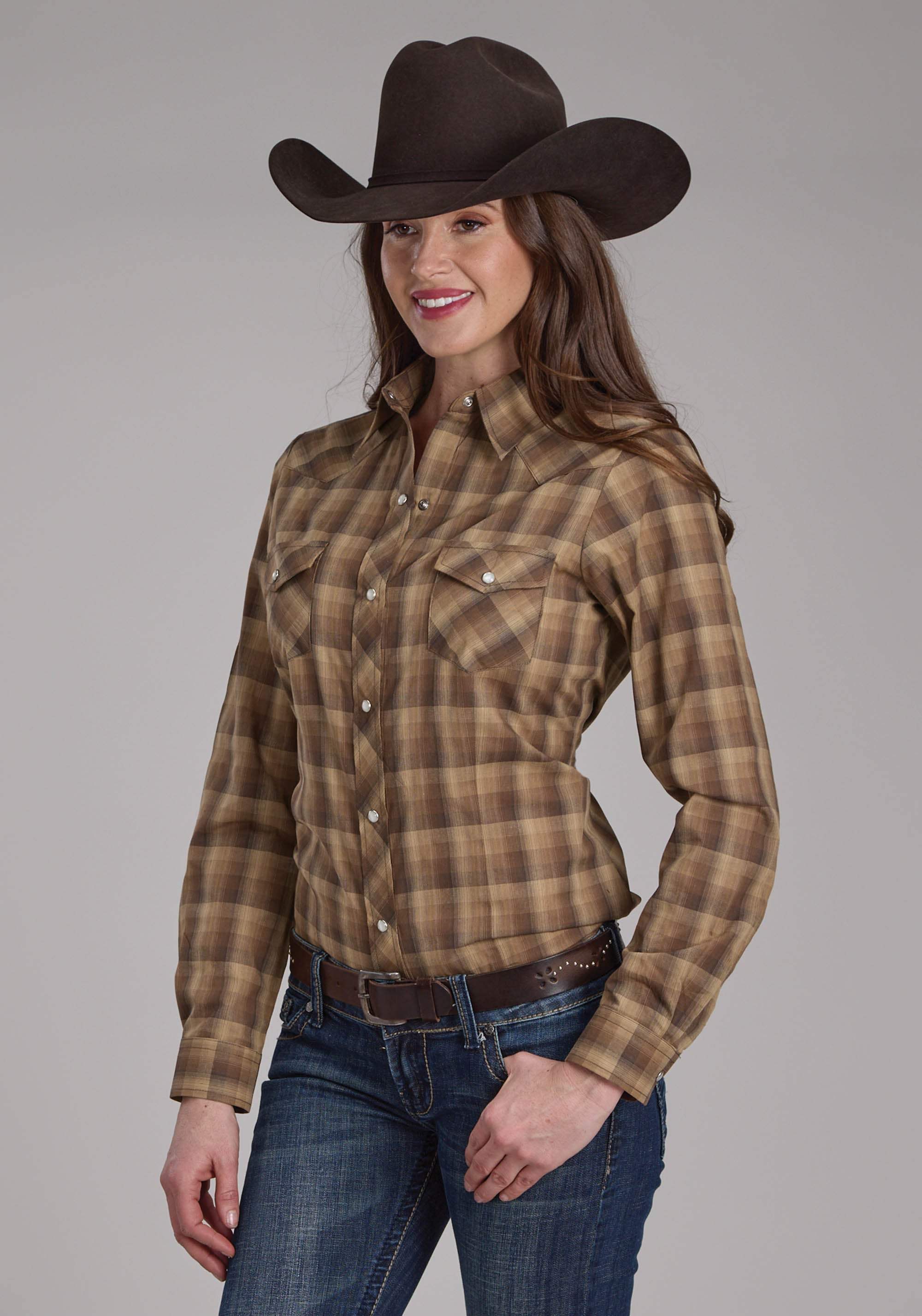 Roper Womens Brown And Tan Ombre Plaid Long Sleeve Snap Western Shirt - Roper - Flyclothing LLC