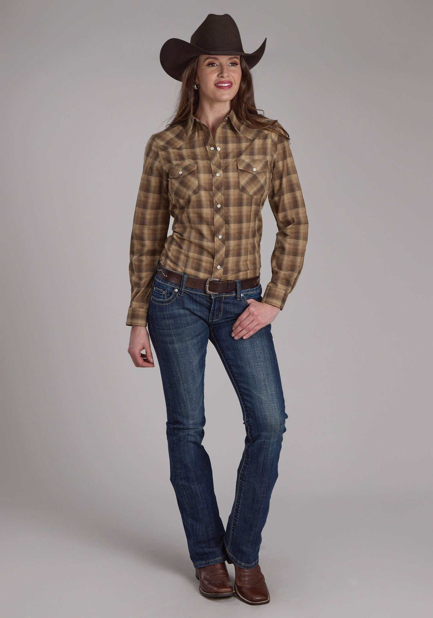 Roper Womens Brown And Tan Ombre Plaid Long Sleeve Snap Western Shirt - Roper - Flyclothing LLC