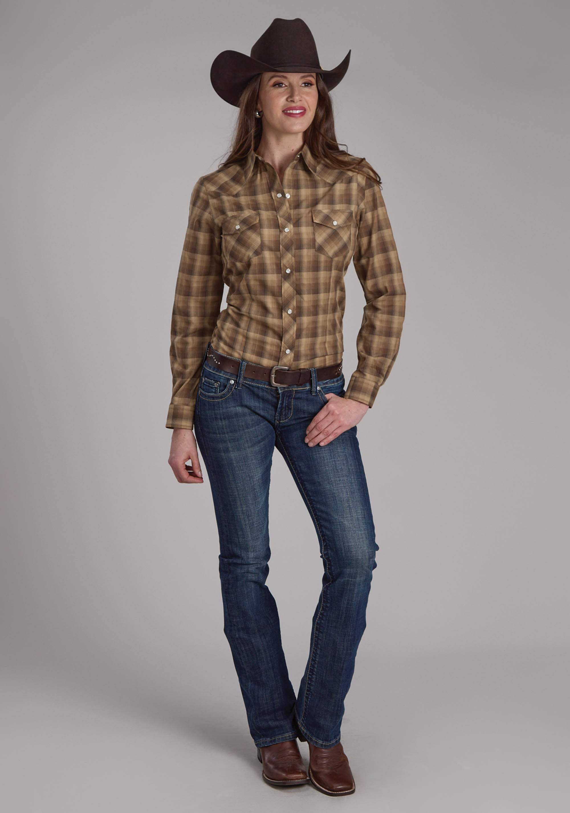 Roper Womens Brown And Tan Ombre Plaid Long Sleeve Snap Western Shirt - Roper - Flyclothing LLC