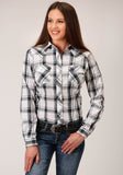 Roper Womens Long Sleeve Snap White  Black  Grey Plaid Western Shirt - Roper