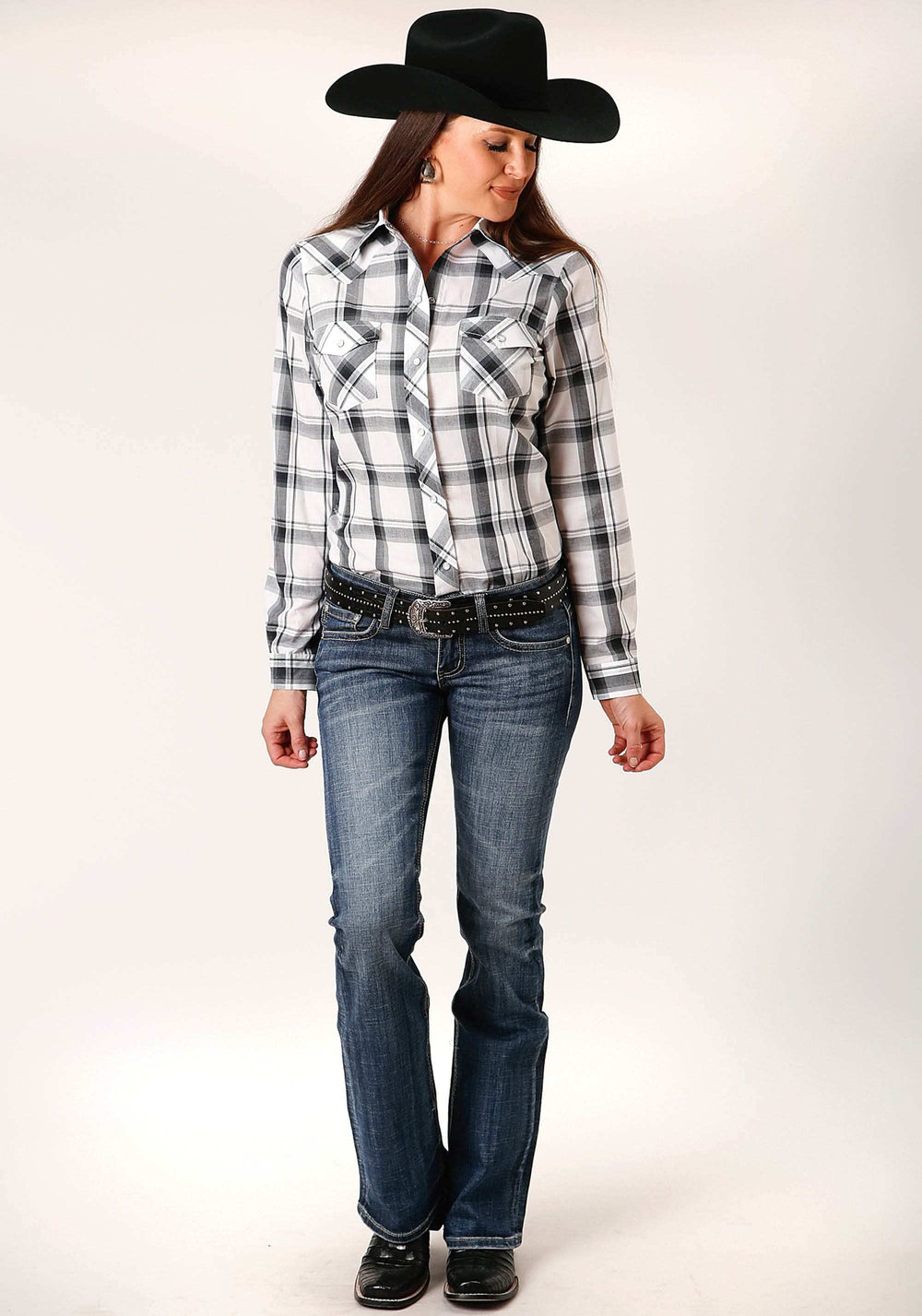 Roper Womens Long Sleeve Snap White Black Grey Plaid Western Shirt - Roper - Flyclothing LLC