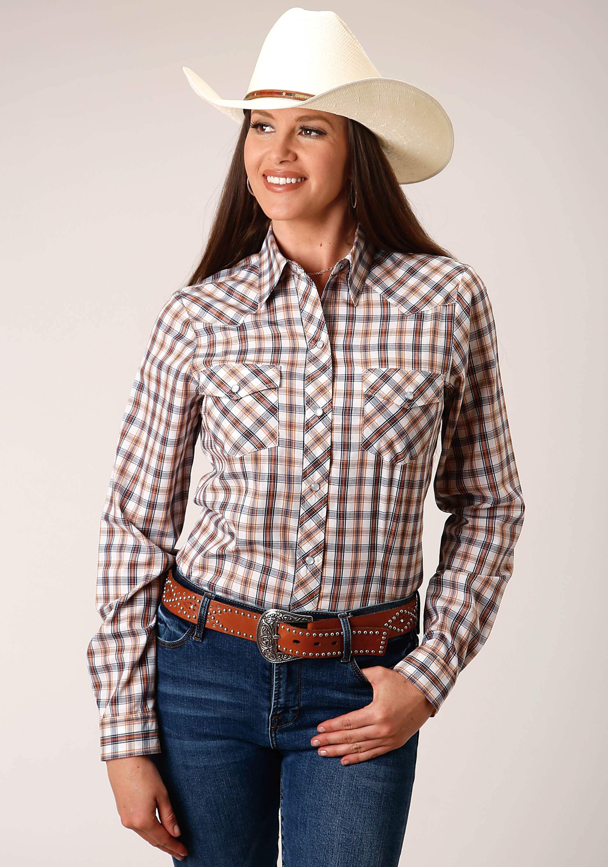 Roper Womens Long Sleeve Snap Navy Gold Rust Windowpaind Plaid Western Shirt - Roper - Flyclothing LLC