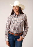 Roper Womens Long Sleeve Snap Navy  Gold  Rust Windowpaind Plaid Western Shirt - Roper