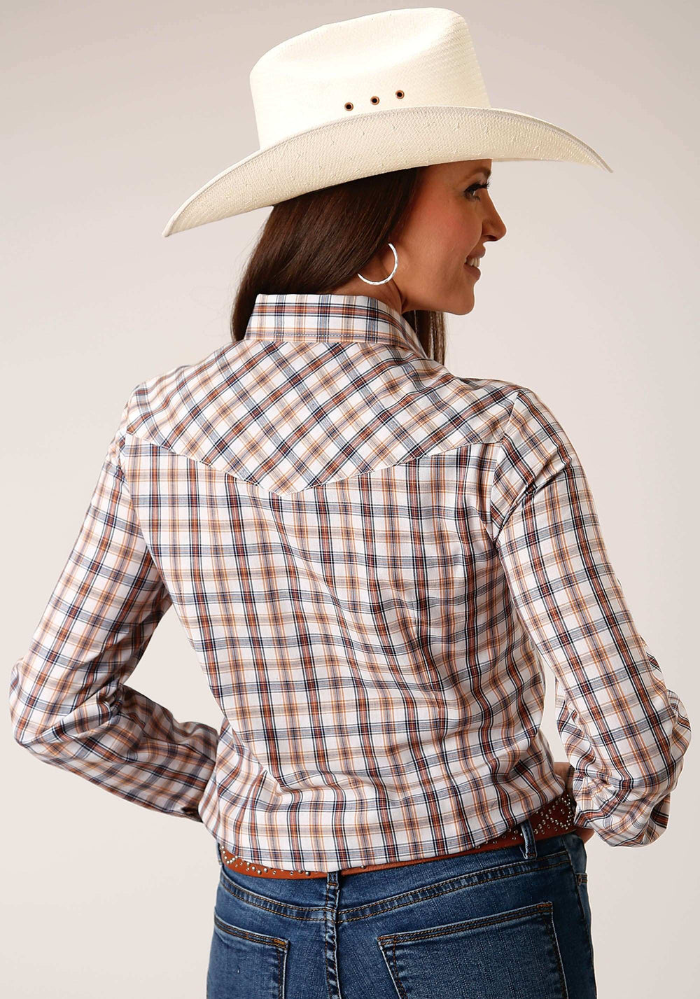 Roper Womens Long Sleeve Snap Navy Gold Rust Windowpaind Plaid Western Shirt - Roper - Flyclothing LLC