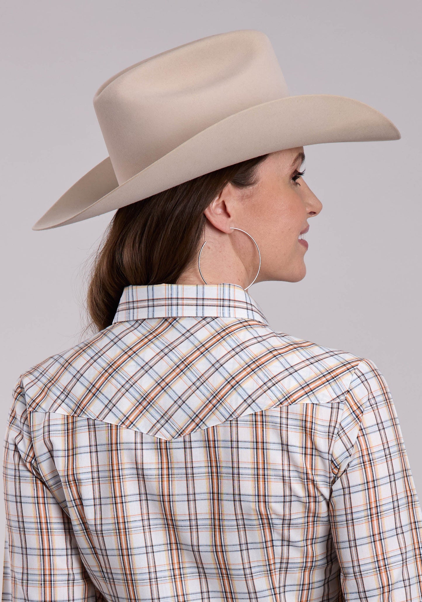 Womens Roper Cream  Orange Plaid Long Sleeve Snap Shirt