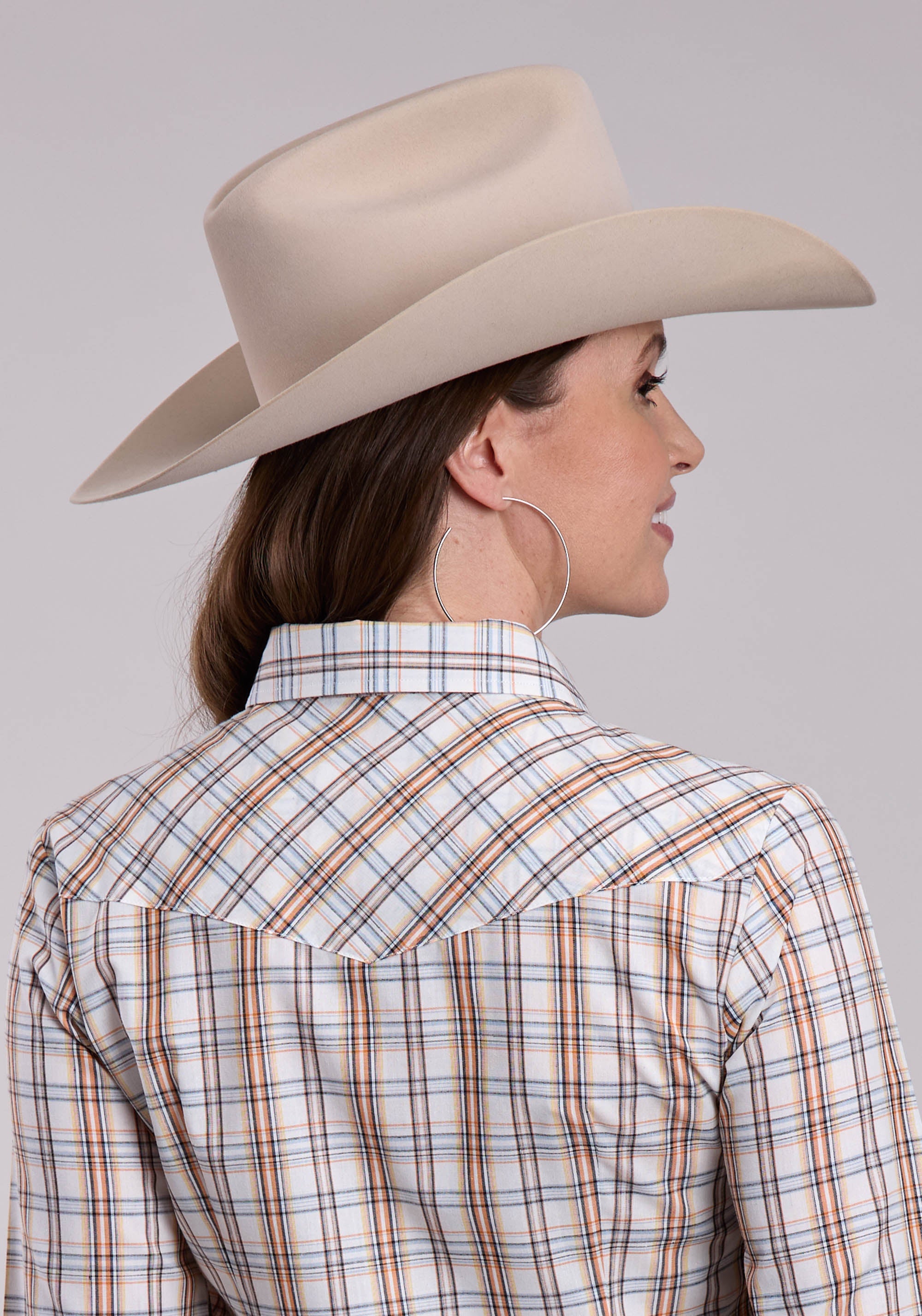 Womens Roper Cream  Orange Plaid Long Sleeve Snap Shirt