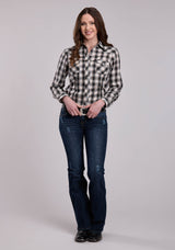Womens Roper Black  Cream Plaid Long Sleeve Snap Shirt