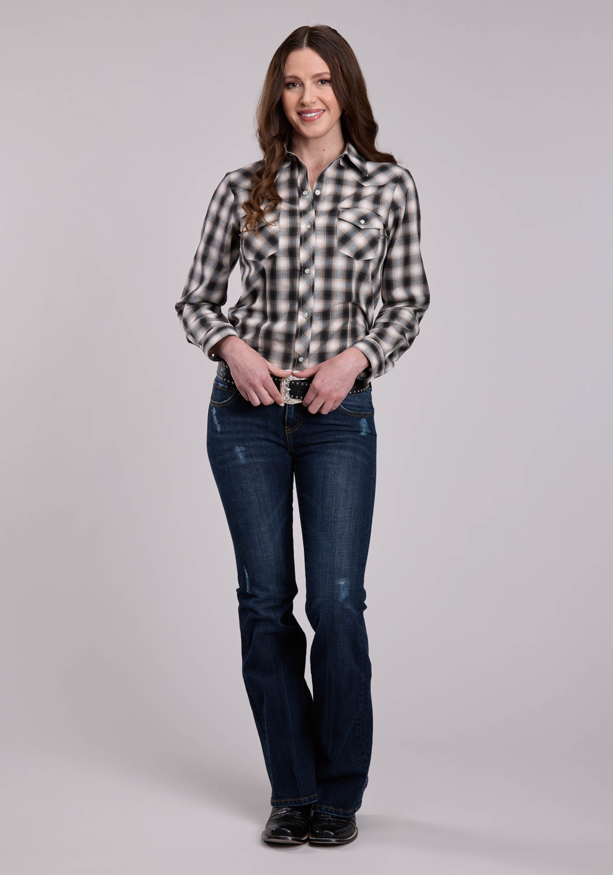 Womens Roper Black  Cream Plaid Long Sleeve Snap Shirt