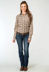 Roper Womens Long Sleeve Snap Brown Plaid Western Shirt - Roper - Flyclothing LLC