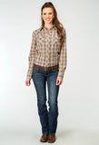 Roper Womens Long Sleeve Snap Brown Plaid Western Shirt - Roper